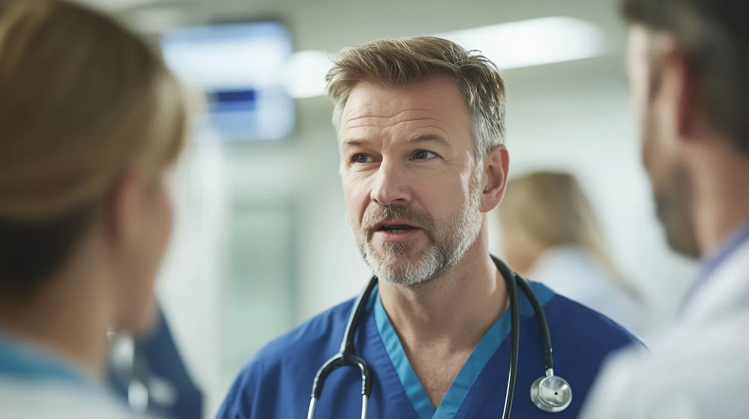 Midcent: En medelålders man i sjukhusmiljö, klädd i blå skrubbar och stetoskop. Fokus på medicinsk dialog och samarbete. Perfekt för hälsorelaterat innehåll och professionell vårdkommunikation. Kategori: Hälsa.