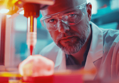 Midcent: En medelålders man i laboratorium fokuserar på avancerad teknik med 3D-utskrifter. Mannen bär skyddsglasögon och labbrock, vilket indikerar innovativ forskning och utveckling inom teknik.Kategori: Teknik.