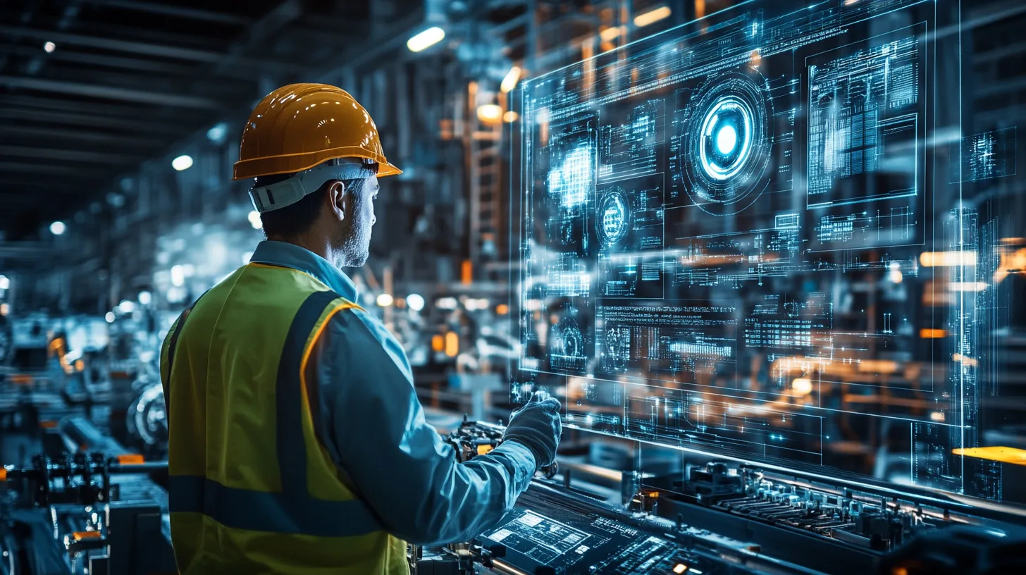 Midcent: En medelålders man i skyddshjälm och väst jobbar med avancerad teknik på en fabrik, omgiven av digitala skärmar och innovation. Teknik.