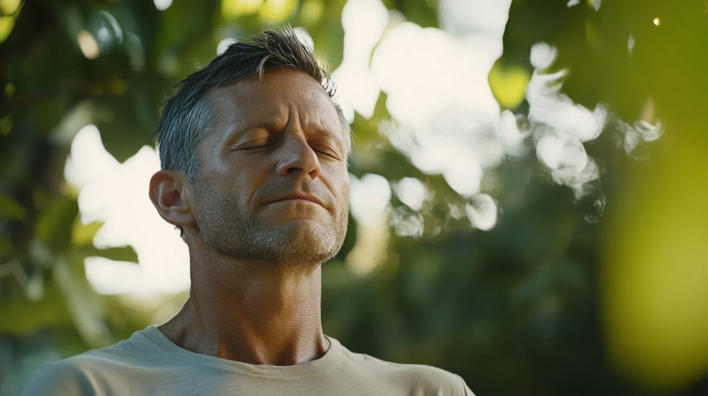 Midcent: En medelålders man praktiserar mindfulness i naturen, med slutna ögon och ett fridfullt uttryck, omgiven av grönska och dagsljus. Perfekt för artiklar om avkoppling och mental hälsa. Kategori: Hälsa.