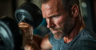 En medelålders man tränar intensivt med hantlar, svettig och fokuserad i gymmiljö. Bilden visar fysisk styrka och beslutsamhet i träning. Midcent. Kategori: Hälsa.