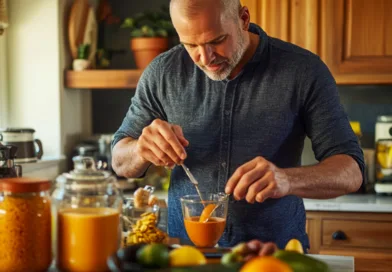 Midcent: En medelålders man förbereder en hälsosam dryck i ett kök fyllt med färska ingredienser, inklusive apelsiner och grönsaker. Fokus på välmående och näring.Kategori: Hälsa.