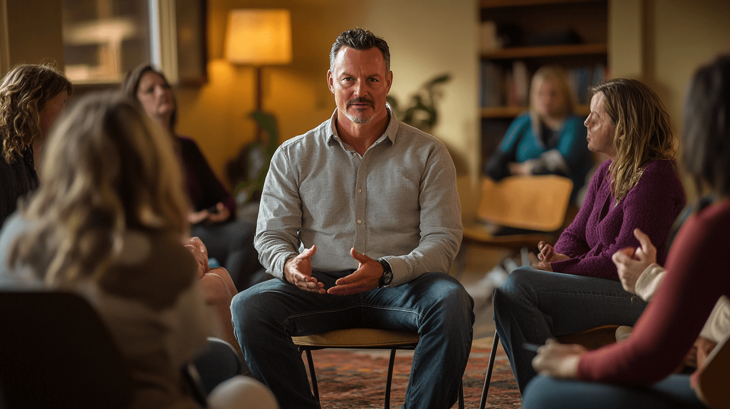 Midcent: En medelålders man leder en gruppdiskussion, omgiven av deltagare i en varm, inbjudande miljö. Fokus på kommunikation, stöd och gemenskap. Perfekt för artiklar om personlig utveckling och gruppterapi. Kategori: Samhälle.