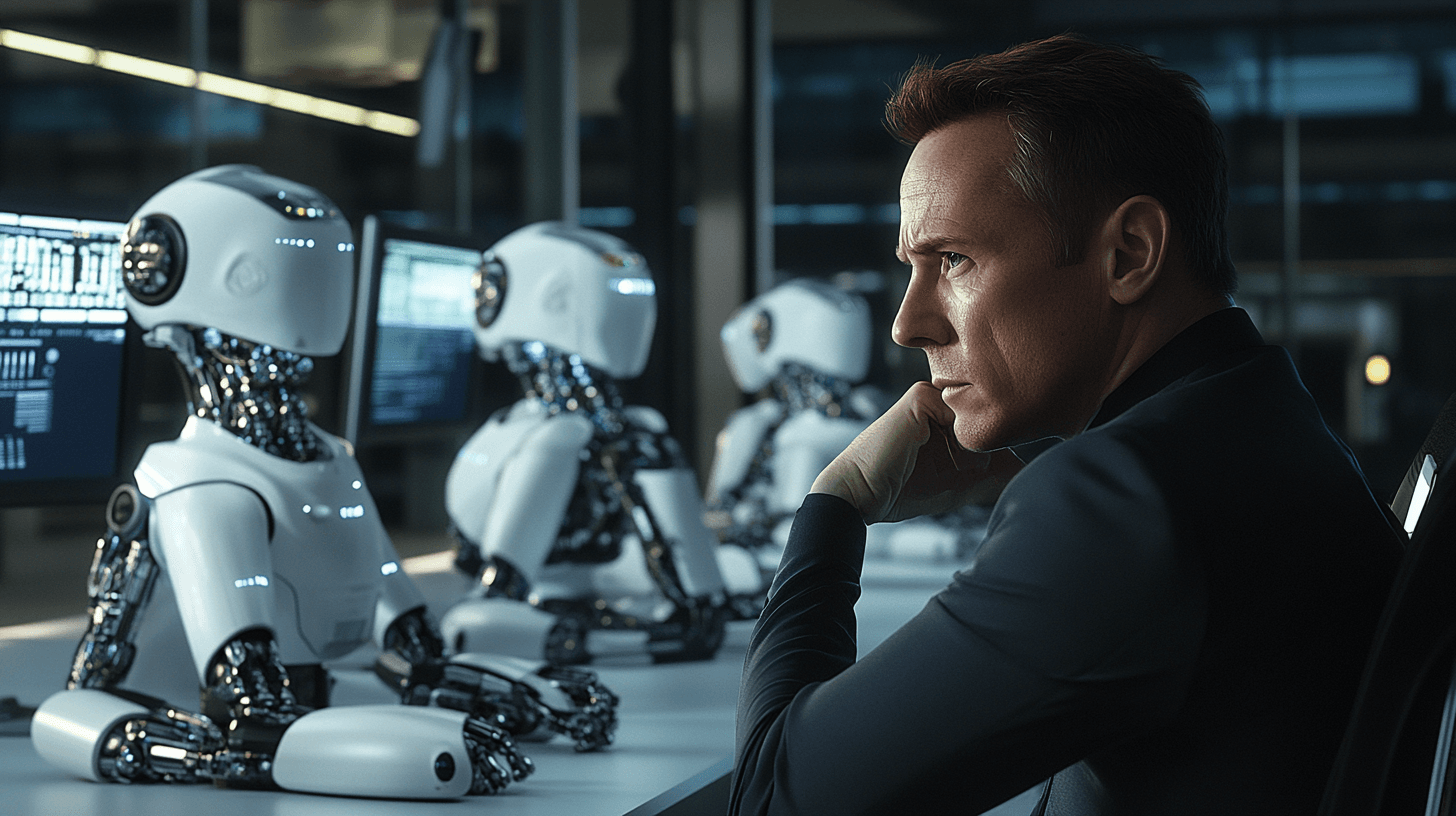 Midcent: En medelålders man betraktar tre humanoida robotar vid datorer i en modern kontorsmiljö, vilket speglar teknologins framtid och AI:s inverkan på arbetslivet. Teknik.