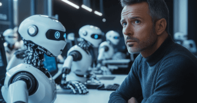 Midcent: En medelålders man i högteknologisk miljö sitter vid en dator omgiven av humanoida robotar. Bilden representerar framtidens arbetsplats, där människor och robotar samarbetar. Nyckelord: AI, robotar, teknik, arbetsplats. Kategori: Teknik.