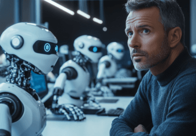 Midcent: En medelålders man i högteknologisk miljö sitter vid en dator omgiven av humanoida robotar. Bilden representerar framtidens arbetsplats, där människor och robotar samarbetar. Nyckelord: AI, robotar, teknik, arbetsplats. Kategori: Teknik.