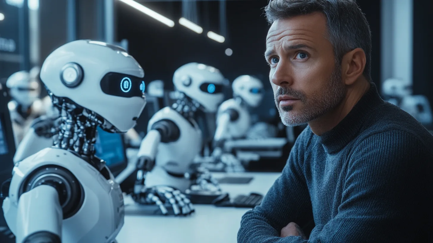 Midcent: En medelålders man i högteknologisk miljö sitter vid en dator omgiven av humanoida robotar. Bilden representerar framtidens arbetsplats, där människor och robotar samarbetar. Nyckelord: AI, robotar, teknik, arbetsplats. Kategori: Teknik.