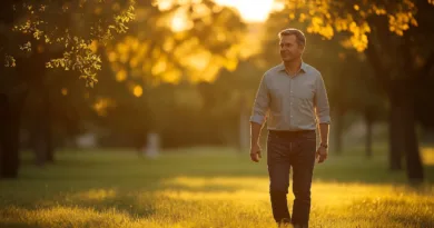 En medelålders man promenerar genom en solbelyst park med grönska. Bilden utstrålar lugn och avkoppling i en naturskön miljö. Perfekt för att illustrera livskvalitet och fritid. Midcent - Samhälle.