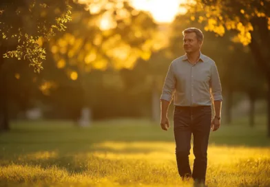 En medelålders man promenerar genom en solbelyst park med grönska. Bilden utstrålar lugn och avkoppling i en naturskön miljö. Perfekt för att illustrera livskvalitet och fritid. Midcent - Samhälle.