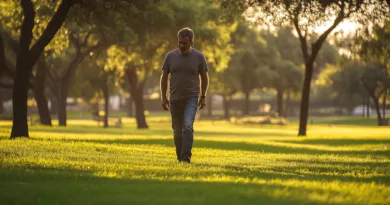 En medelålders man promenerar i en solbelyst park, omgiven av grönska och träd. Bildens lugna atmosfär betonar avkoppling och naturens skönhet. Perfekt för att inspirera till mindfulness och friluftsliv. Midcent. Kategori: Hälsa.