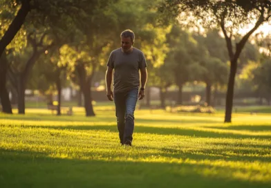En medelålders man promenerar i en solbelyst park, omgiven av grönska och träd. Bildens lugna atmosfär betonar avkoppling och naturens skönhet. Perfekt för att inspirera till mindfulness och friluftsliv. Midcent. Kategori: Hälsa.
