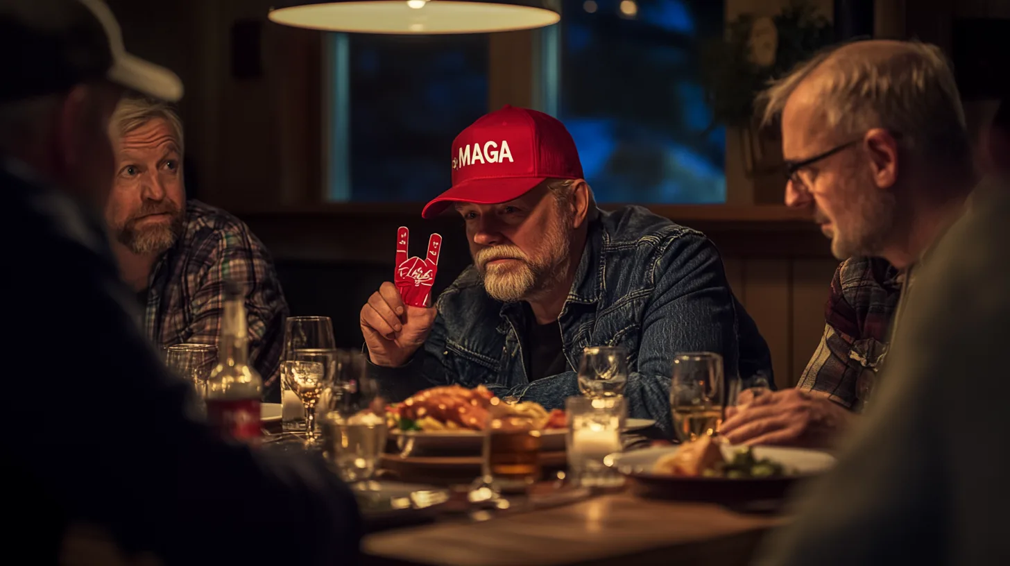Midcent: En medelålders man med röd keps och denimjacka sitter vid middagsbord med vänner, omgiven av glas och tallrikar i varm belysning. Social och informell atmosfär med fokus på gemenskap och hundraprocentig trivsel. Kategori: Samhälle