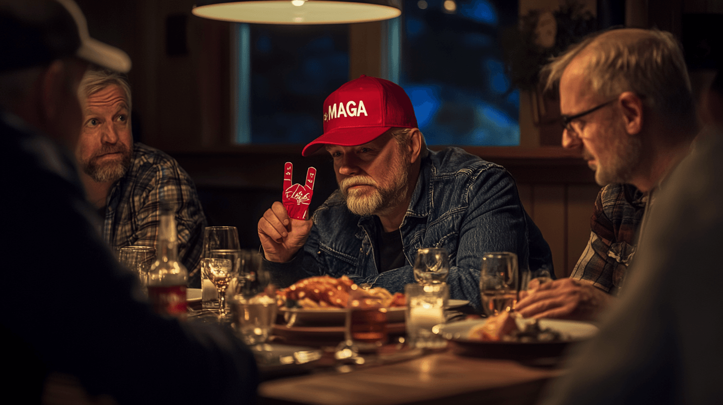 Midcent: En medelålders man med röd keps och denimjacka sitter vid middagsbord med vänner, omgiven av glas och tallrikar i varm belysning. Social och informell atmosfär med fokus på gemenskap och hundraprocentig trivsel. Kategori: Samhälle