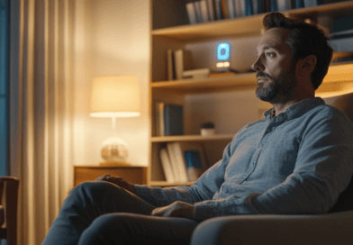 En medelålders man sitter i en modern, stämningsfullt belyst vardagsrumsmiljö, omgiven av böcker och stilren inredning, vilket skapar en harmonisk och avslappnad atmosfär. Midcent, Underhållning.