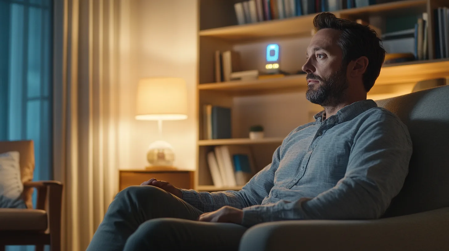 En medelålders man sitter i en modern, stämningsfullt belyst vardagsrumsmiljö, omgiven av böcker och stilren inredning, vilket skapar en harmonisk och avslappnad atmosfär. Midcent, Underhållning.