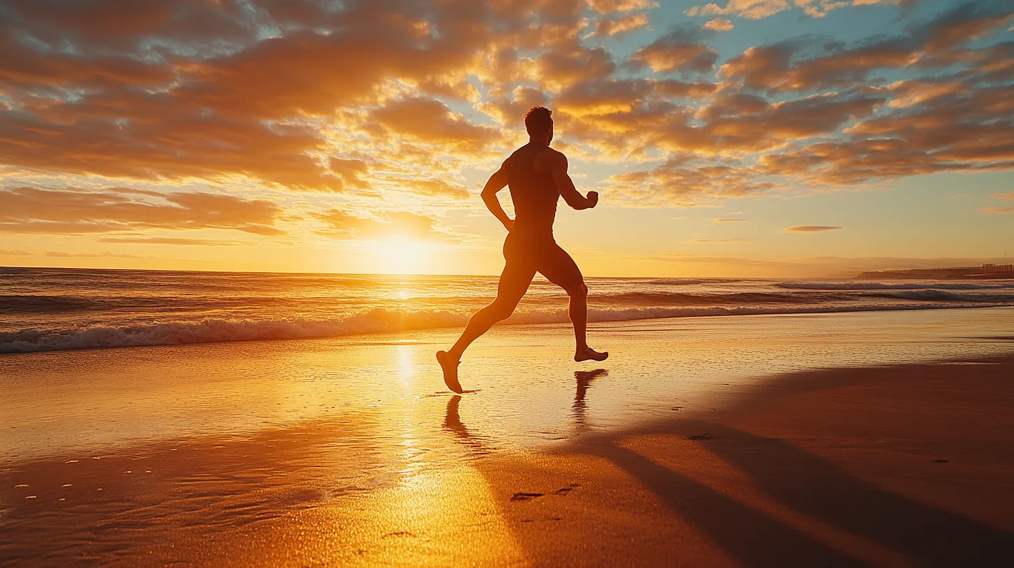 Midcent: En medelålders man springer längs en strand i solnedgången, vilket fångar känslan av frihet och hälsa. Den klara himlen och de varma färgerna förstärker träningsglädjen. Kategori: Hälsa.