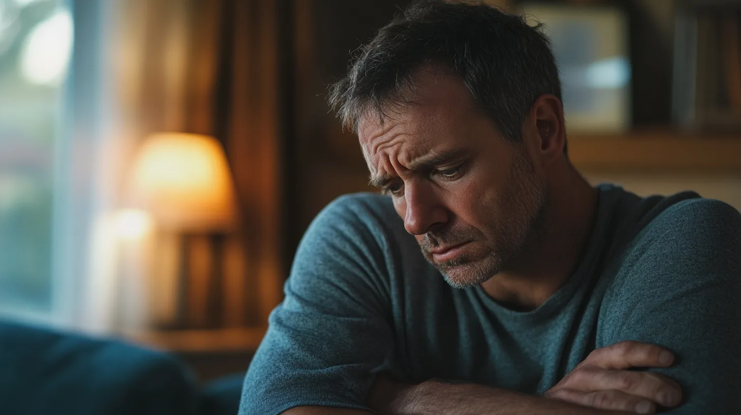 Midcent: En medelålders man med ett tankfullt uttryck sitter i ett dämpat upplyst rum, vilket skapar en känsla av eftertänksamhet och introspektion. Perfekt för artiklar om psykologi och mindfulness. Kategori: Hälsa.