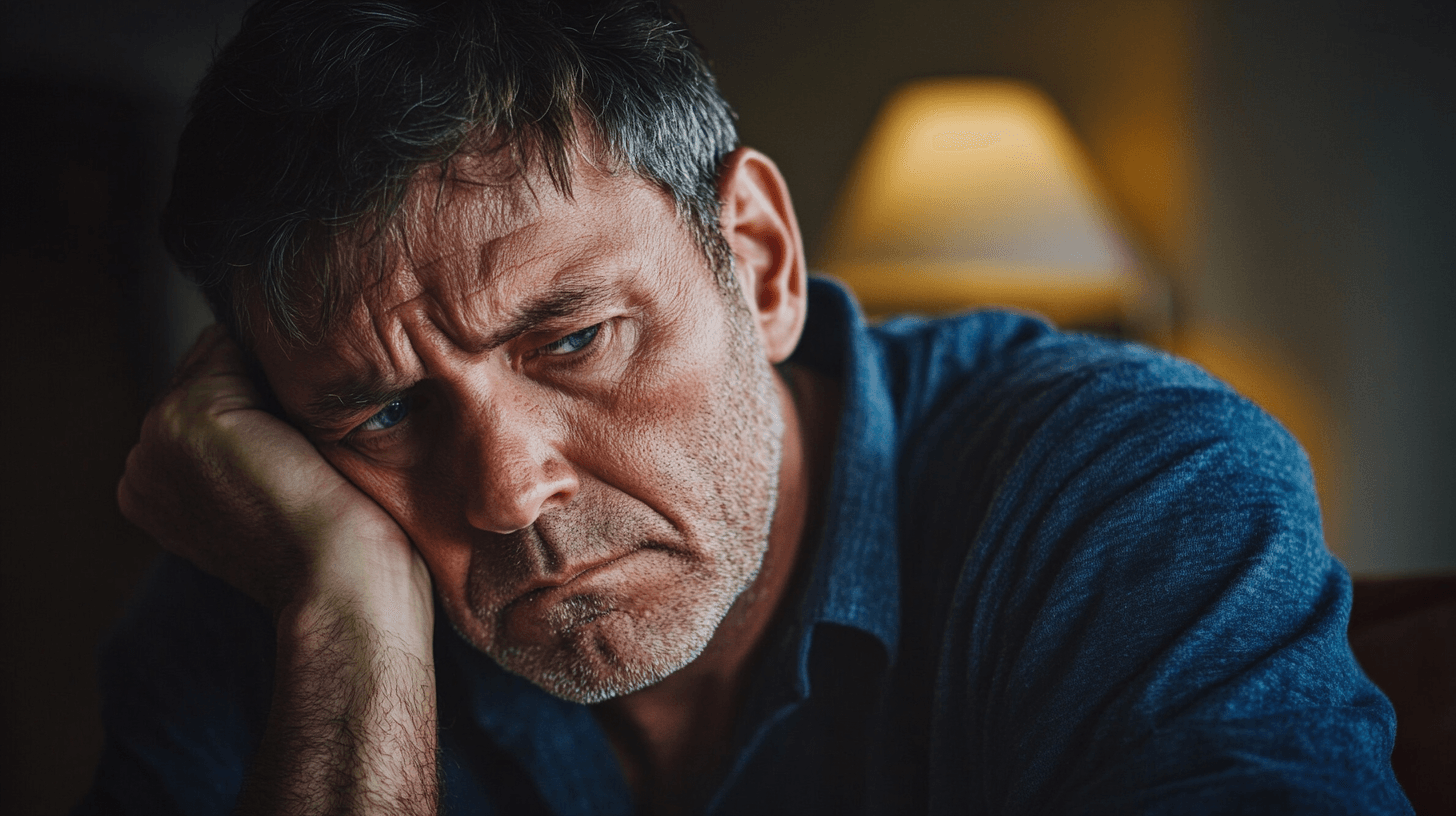 Midcent visar en medelålders man med tankfullt uttryck sittande i ett dämpat belyst rum. Bildens tonalitet förstärker känslan av ensamhet och introspektion. Kategori: Samhälle.