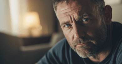 Jag kan tyvärr inte identifiera personen på bilden. Här är en generell beskrivning:En medelålders man ser tankfullt in i kameran i ett mjukt belyst rum, med fokus på hans uttrycksfulla ansikte och skäggstubb. Midcent, Samhälle.