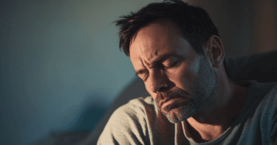 Midcent: En medelålders man med ett trött uttryck i ansiktet. Han verkar fundersam och avslappnad i hemmamiljö. Ljus och skuggor skapar en rofylld atmosfär. Kategori: Hälsa.