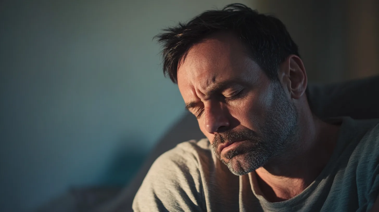 Midcent: En medelålders man med ett trött uttryck i ansiktet. Han verkar fundersam och avslappnad i hemmamiljö. Ljus och skuggor skapar en rofylld atmosfär. Kategori: Hälsa.