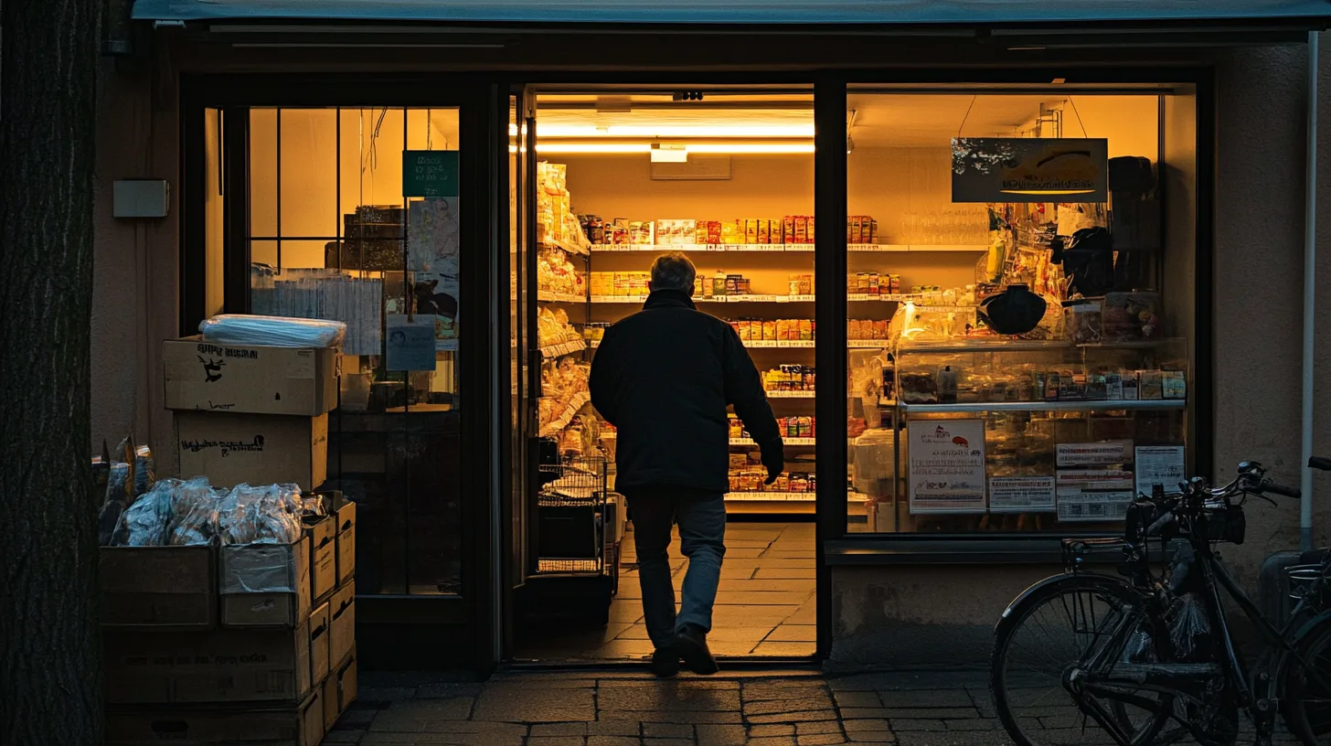 En medelålders man går in i en butik på kvällen, omgiven av lådor och en cykel. Han verkar göra inköp i skenet av butikens varma ljus. Midcent. Kategori: Samhälle.