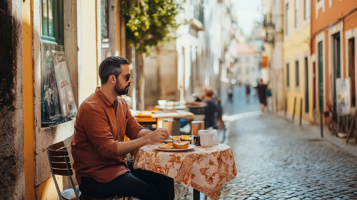 En medelålders man njuter av sin måltid vid ett kafé i en charmig, solig gränd. Bilden fångar avslappning och lokal kultur. Midcent: Resa.