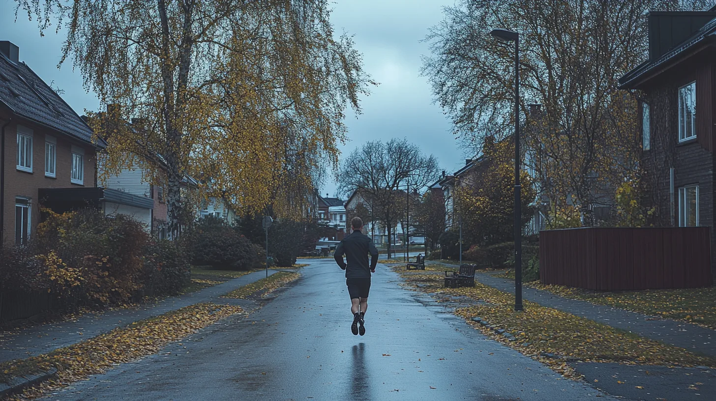 En medelålders man joggar längs en lövbeklädd gata i höstens dämpade sken. Omgivningen är lugn och bostadsområdet ger en fridfull atmosfär. Höstens färger pryder träden i bakgrunden.Midcent, Hälsa.