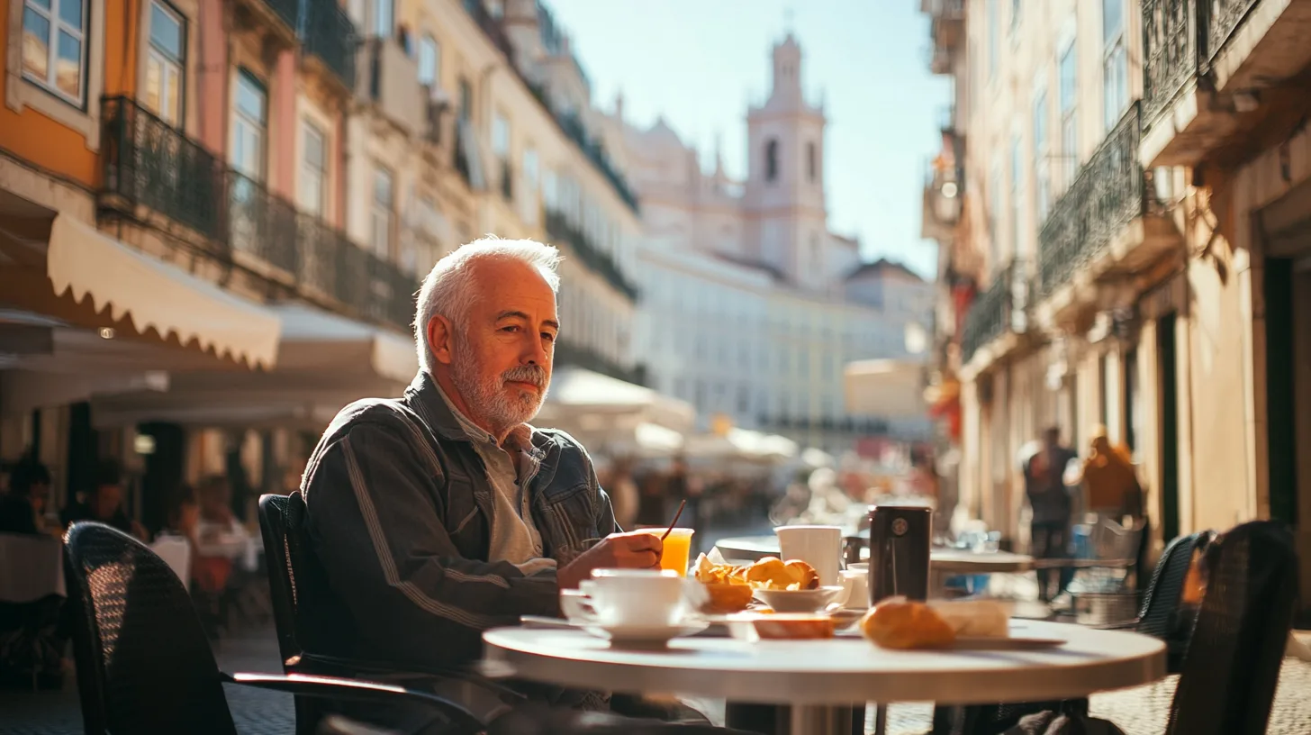 En medelålders man njuter av en solig dag på ett kafé i en pittoresk europeisk stad. Bordet är dukat med frukosttillbehör, vilket ger en känsla av avkoppling och kultur.Midcent - Resa.