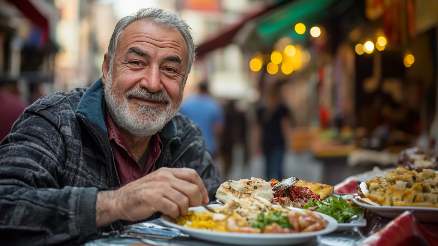 En medelålders man njuter av en måltid på en livlig utomhusrestaurang. Färgglada maträtter med bröd och sallad pryder bordet, vilket framhäver en smakfull upplevelse. Midcent - Mat.