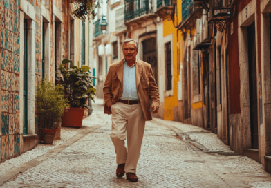 En medelålders man promenerar på en charmig, kullerstensbelagd gata omgiven av färgglada byggnader och gröna växter. Bilden fångar en känsla av kultur och äventyr. Midcent. Kategori: Resa.