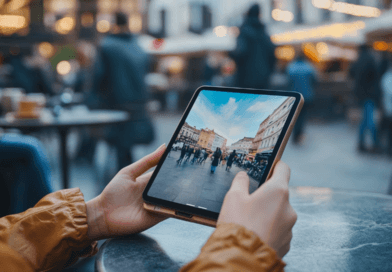 En person håller en surfplatta på ett utomhuscafé med en stadsvy på skärmen. Livlig atmosfär bland människor som samlas i bakgrunden. Perfekt för den moderna resenären. Midcent - Resa.