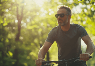 En medelålders man cyklar genom en grönskande skog i solljus, vilket utstrålar frihet och naturkänsla. Bilden visar en aktiv livsstil i harmoni med naturen. Midcent - Hälsa.