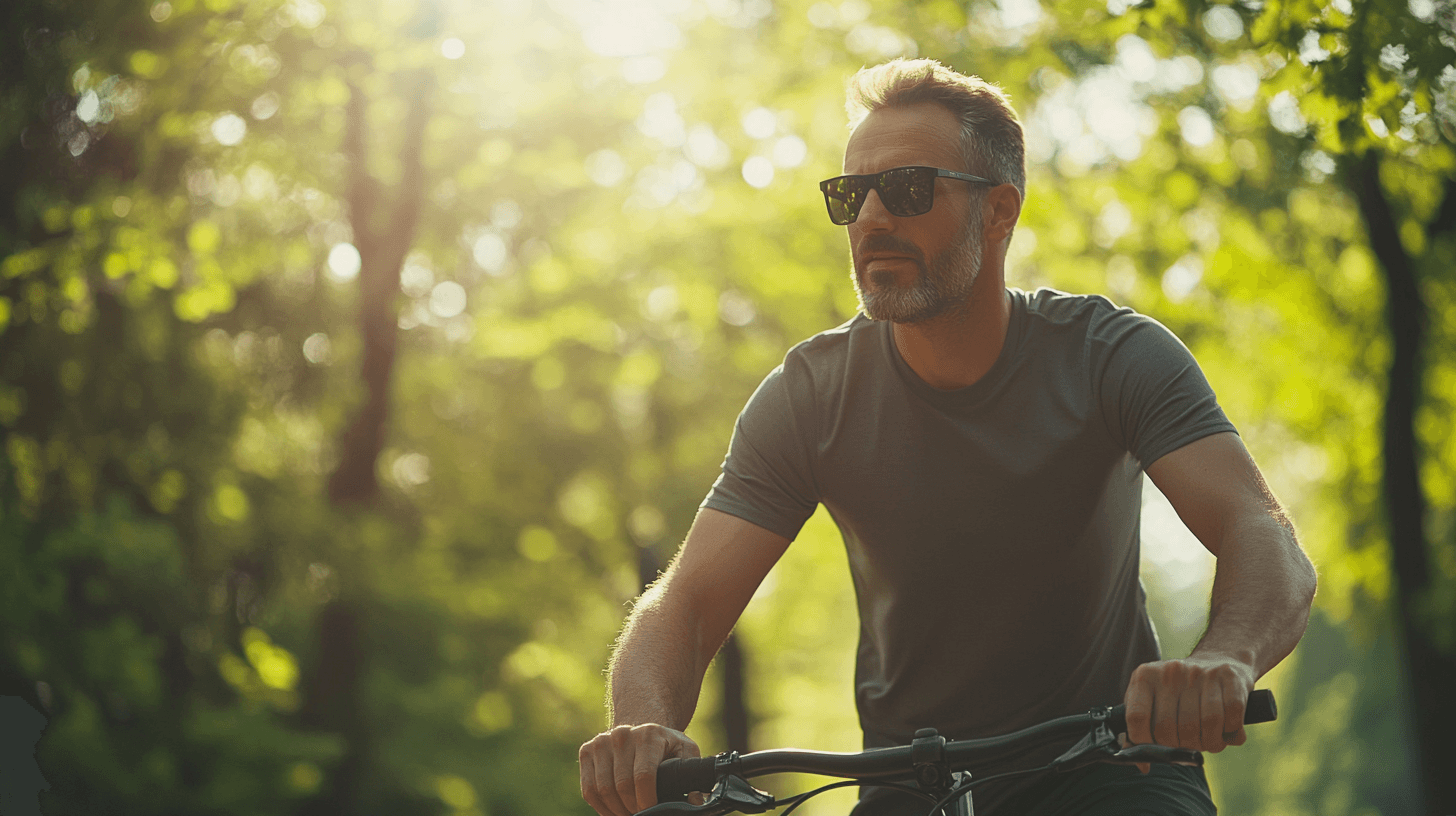 En medelålders man cyklar genom en grönskande skog i solljus, vilket utstrålar frihet och naturkänsla. Bilden visar en aktiv livsstil i harmoni med naturen. Midcent - Hälsa.