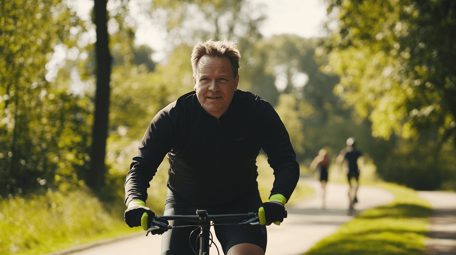 Midcent: En medelålders man cyklar på en solig skogsstig, omgiven av grönska. Bilden utstrålar energi och glädje, fångar en aktiv livsstil. Härligt ljus och skön naturlig miljö. Perfekt för att inspirera till utomh
