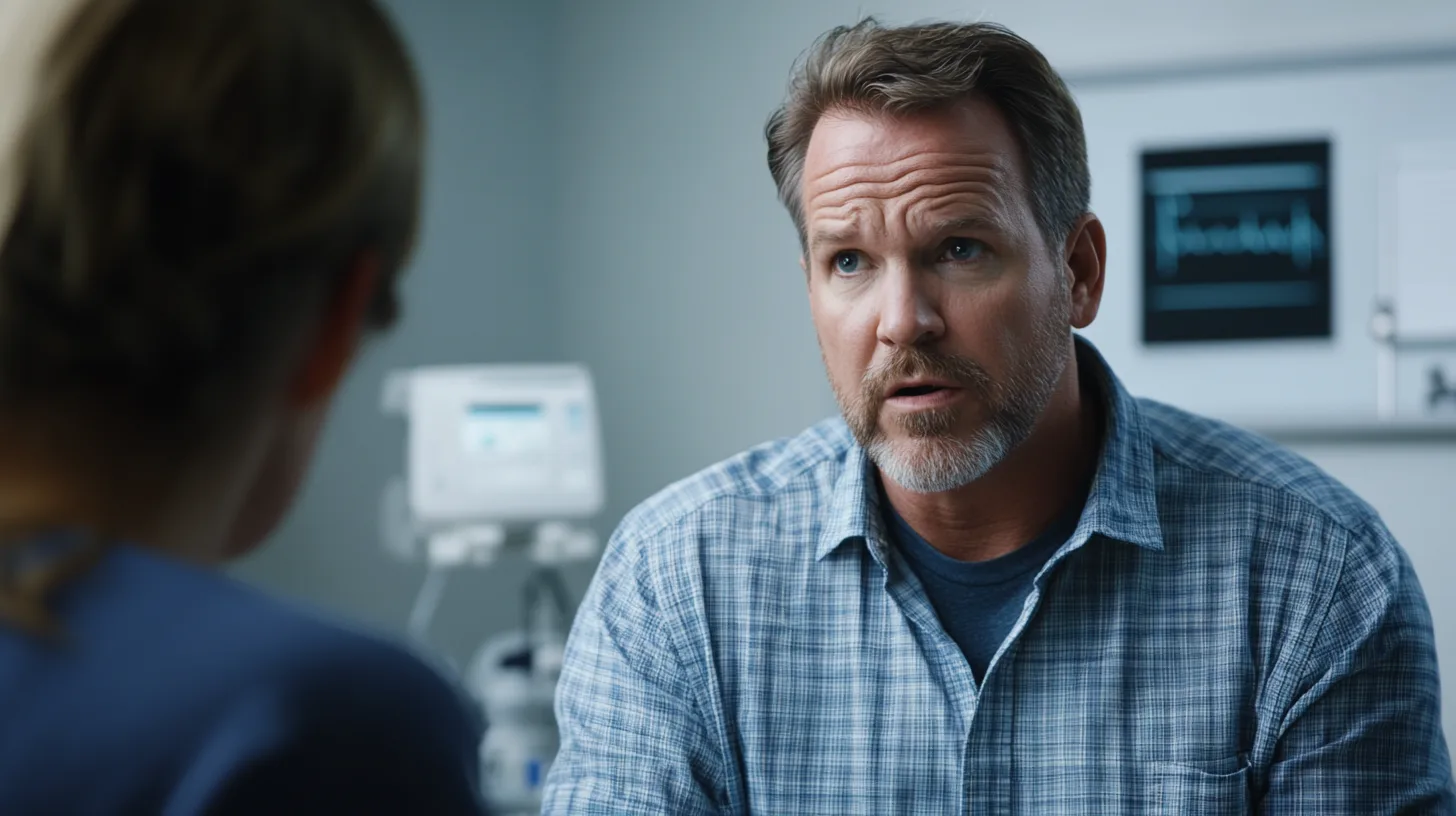 Midcent: En medelålders man sitter i ett rum med medicinsk utrustning, engagerat samtal. Hälsa.