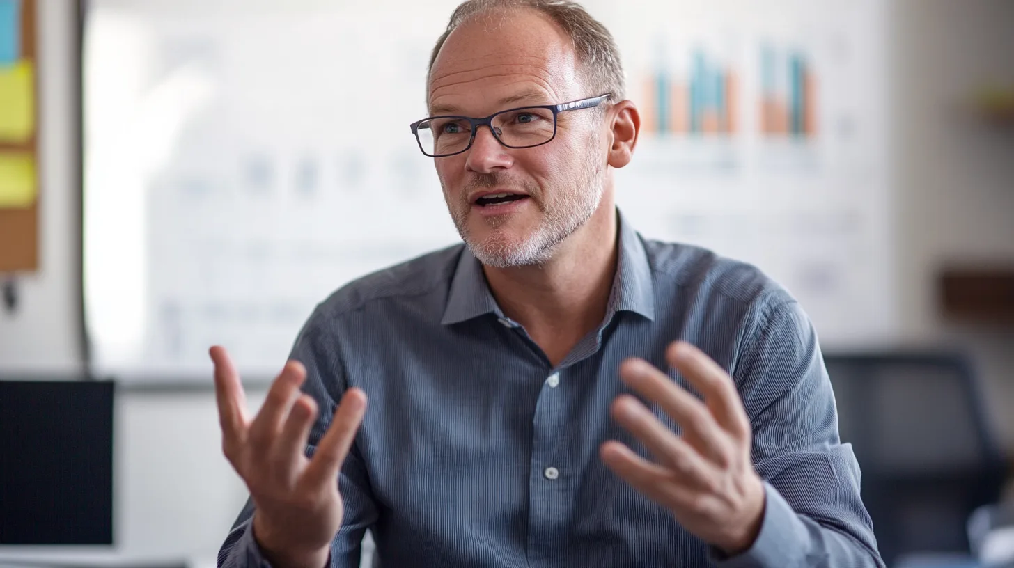 Midcent: Bilden visar en medelålders man i en kontorsmiljö, engagerat diskuterande med gester. Den professionella atmosfären antyder fokus på affärsstrategier och kommunikation. Ekonomi.