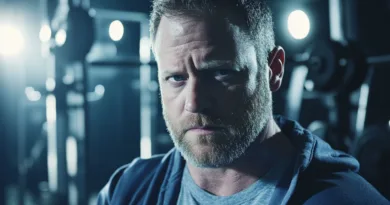 Midcent: En medelålders man i träningsmiljö, fokuserad blick, stark belysning. Kategorin Hälsa.