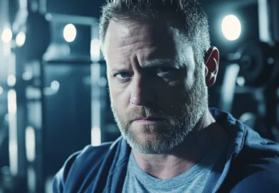 Midcent: En medelålders man i träningsmiljö, fokuserad blick, stark belysning. Kategorin Hälsa.