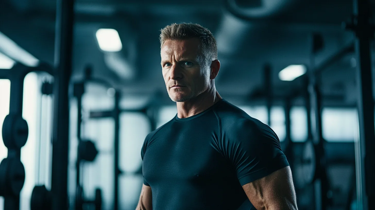 En medelålders man i gymmiljö, klädd i en svart träningsskjorta, visar muskler och beslutsamhet. Perfekt bild för inlägg om styrketräning och motivation. Midcent: Hälsa.