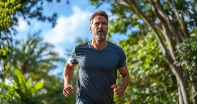 Midcent: En medelålders man joggar genom en grön park, klädd i träningskläder. Solen skiner och omgivningen är frodig och levande. Scenen utstrålar hälsa och energi. Kategori: Hälsa.