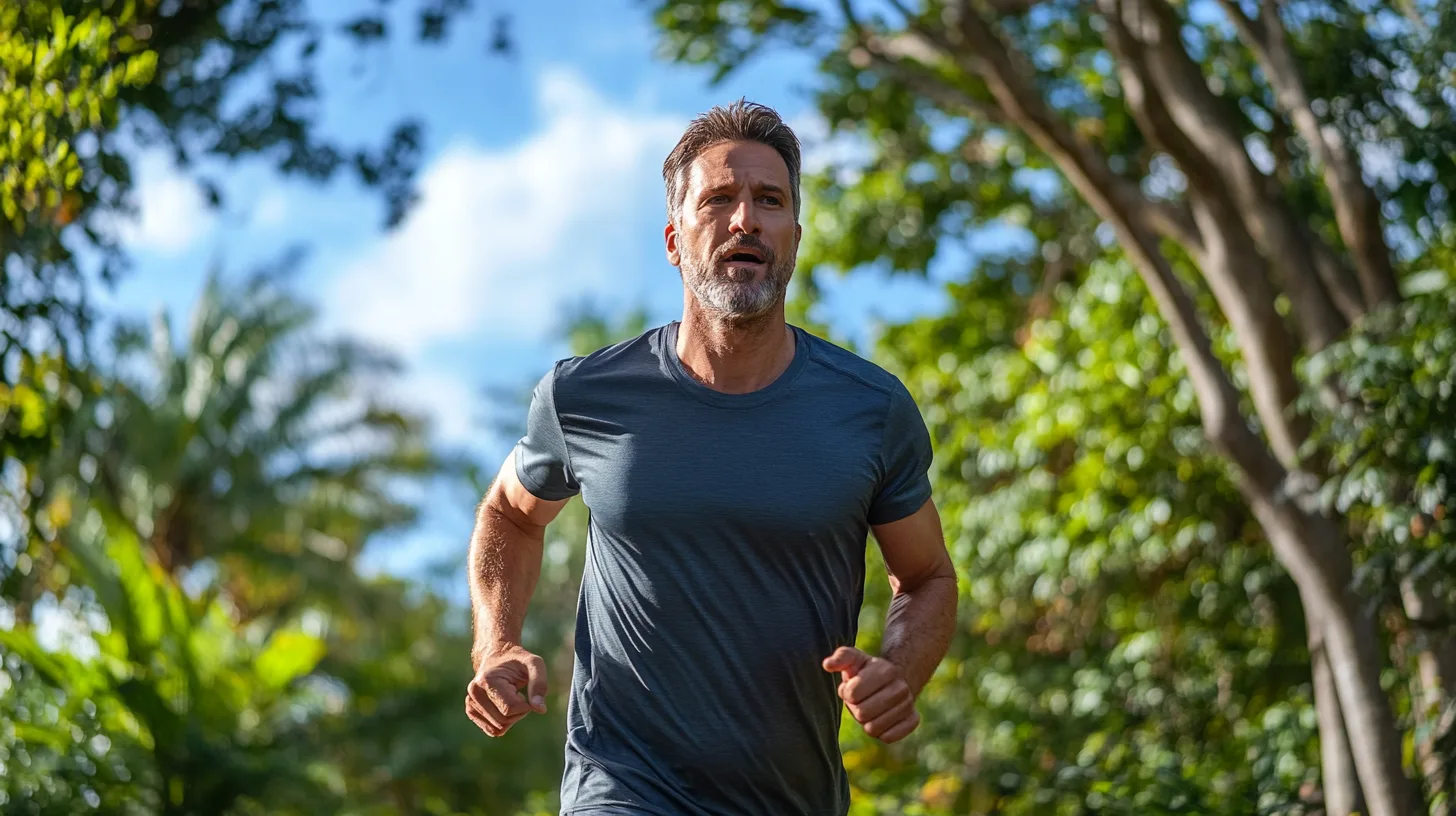 Midcent: En medelålders man joggar genom en grön park, klädd i träningskläder. Solen skiner och omgivningen är frodig och levande. Scenen utstrålar hälsa och energi. Kategori: Hälsa.