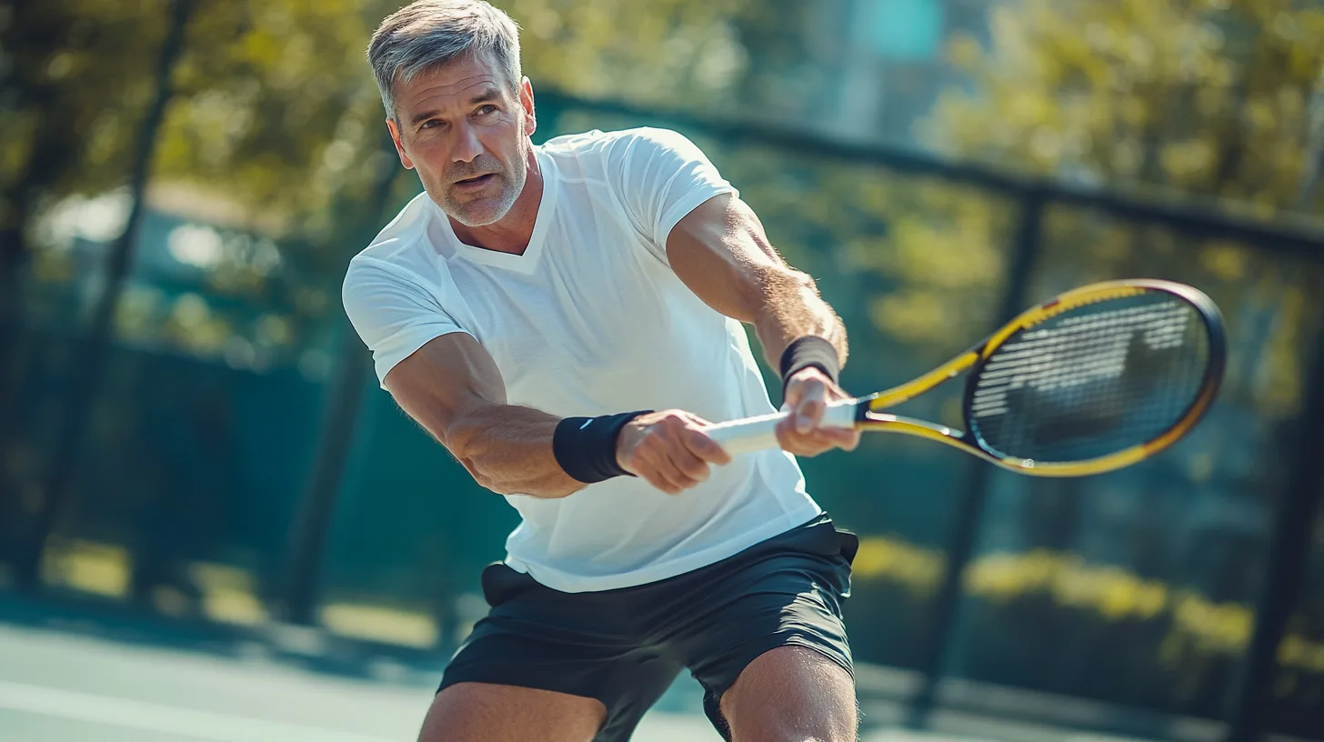 Midcent: En medelålders man spelar tennis på utomhusbana, med fokus och energi. Bilden fångar sportens dynamik och rörelse. Perfekt för artiklar inom sportkategori.