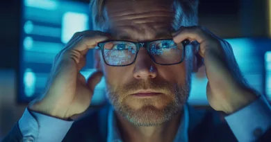 Lasra bort läsglasögonen – är det värt det efter 50? Midcent: En medelålders man fokuserar intensivt på en datorskärm, med reflektioner av kod i sina glasögon. Teknik.