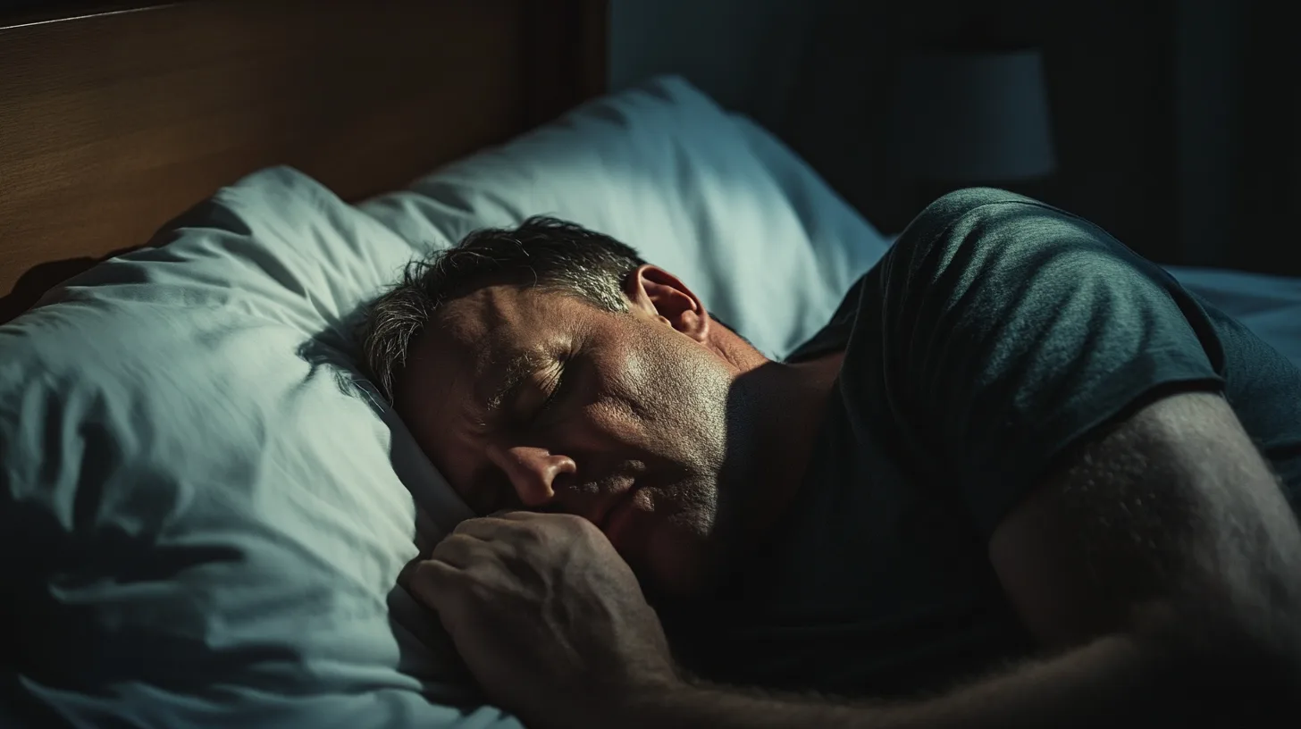 Midcent: En medelålders man sover lugnt i en säng, vilket illustrerar vikten av god nattsömn för hälsa och välbefinnande. Mörk belysning skapar en fridfull atmosfär. Kategori: Hälsa.