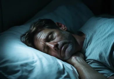 Midcent: En medelålders man sover djupt på en kudde i ett mörkt rum. Scenen fångar lugn och sömnens betydelse för hälsa och välmående. Behaglig belysning ger en avslappnad atmosfär. Kategori: Hälsa.