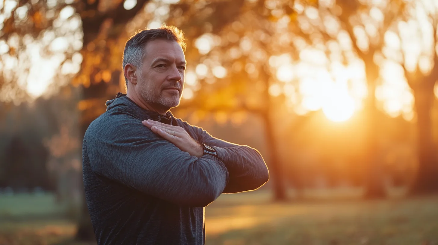En medelålders man står i ett soligt höstlandskap, klädd i träningskläder och håller armarna över bröstet. Morgonsolens ljus skapar en avkopplande atmosfär. Midcent: Hälsa.