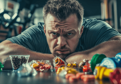 Midcent: En medelålders man ser bekymrad ut medan han tittar på olika kosttillskott på ett bord i ett gym. Fokusera på träning och hälsa. Kategori: Hälsa