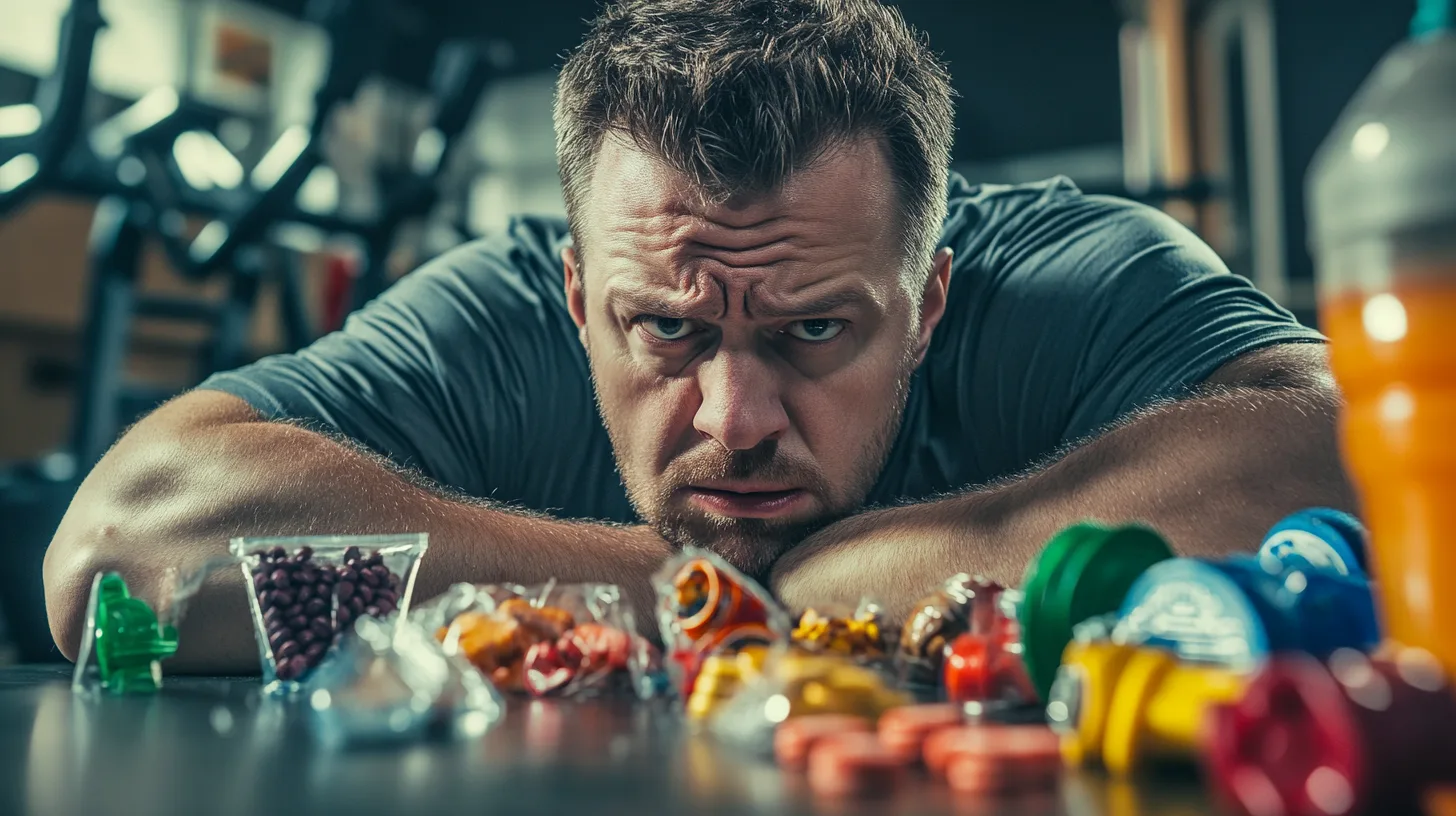 Midcent: En medelålders man ser bekymrad ut medan han tittar på olika kosttillskott på ett bord i ett gym. Fokusera på träning och hälsa. Kategori: Hälsa