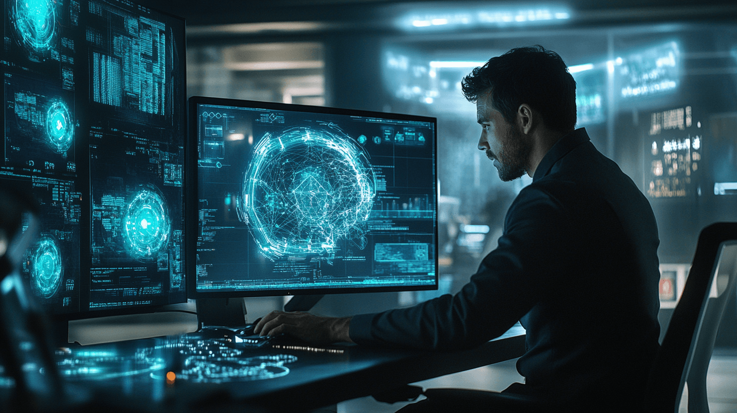 Midcent visar en medelålders man som arbetar vid avancerade datorskärmar i ett tekniskt labb, omgiven av holografiska gränssnitt och digitala nätverk. Fokus på innovation och teknik. Kategori: Teknik.